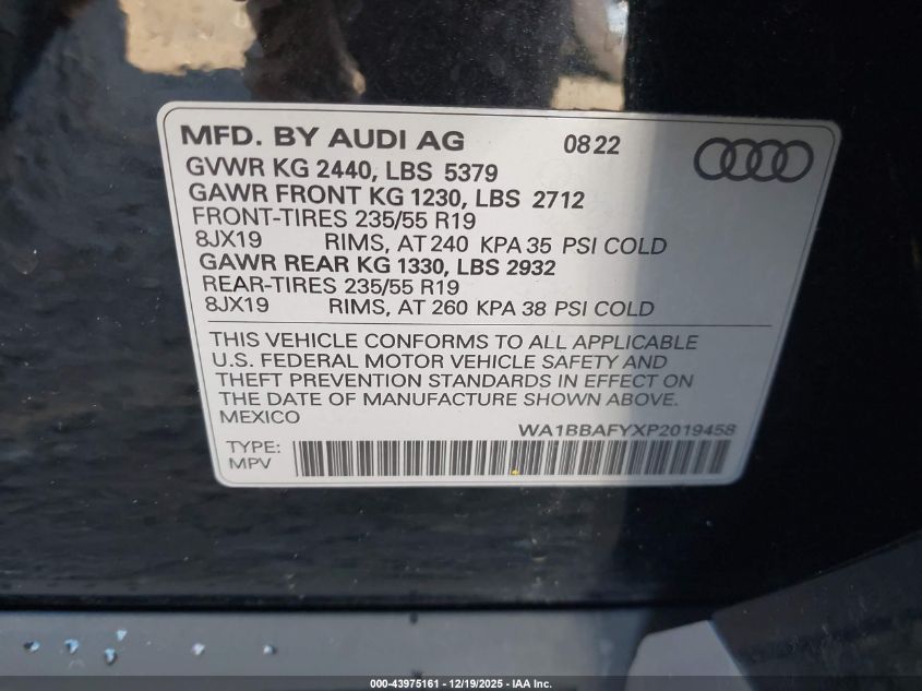2023 Audi Q5 Premium Plus 40 Tfsi Quattro S Tronic VIN: WA1BBAFYXP2019458 Lot: 43975161