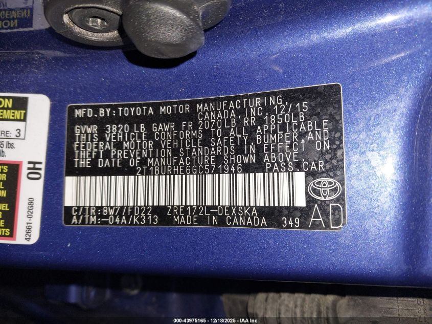 2016 Toyota Corolla S Plus VIN: 2T1BURHE6GC571946 Lot: 43975165