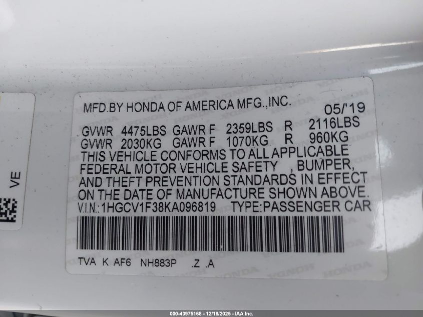 2019 Honda Accord Sport VIN: 1HGCV1F38KA096819 Lot: 43975168