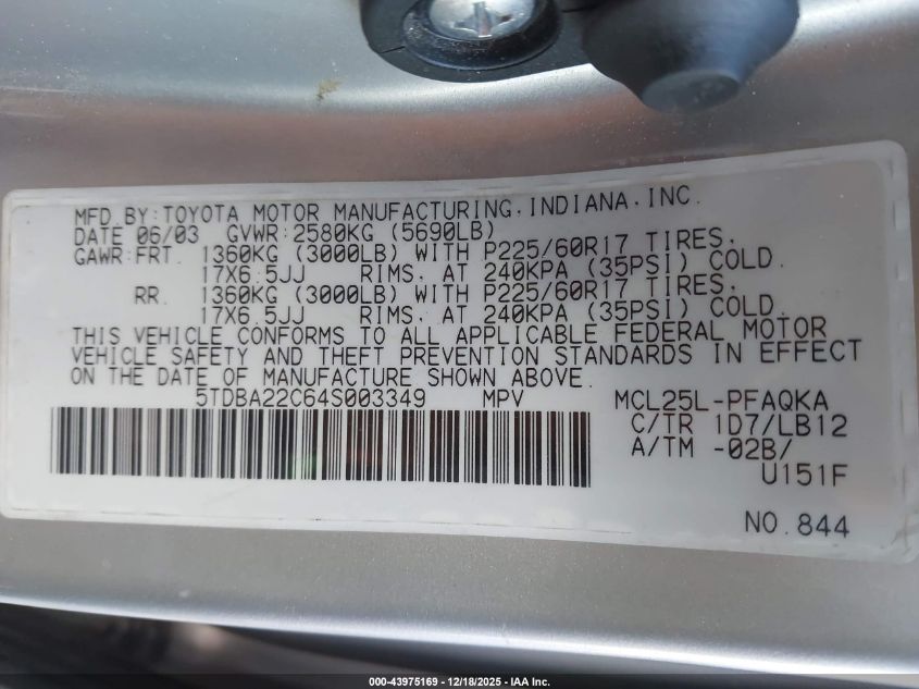 2004 Toyota Sienna Xle Limited VIN: 5TDBA22C64S003349 Lot: 43975169