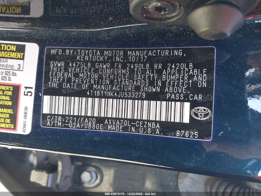 2018 Toyota Camry Le VIN: 4T1B11HK4JU533279 Lot: 43975170