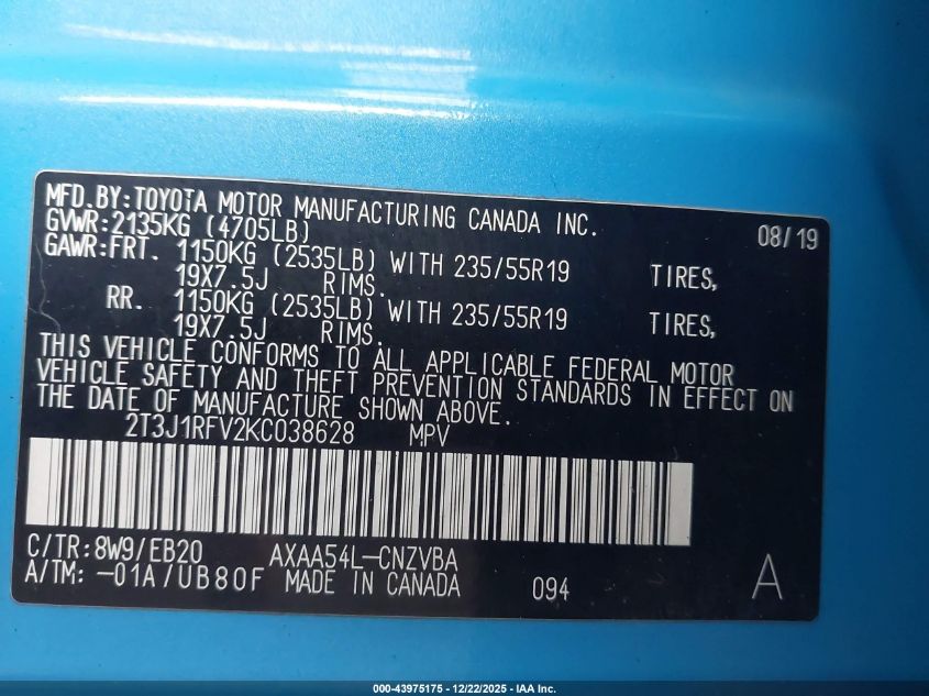 2019 Toyota Rav4 Adventure VIN: 2T3J1RFV2KC038628 Lot: 43975175