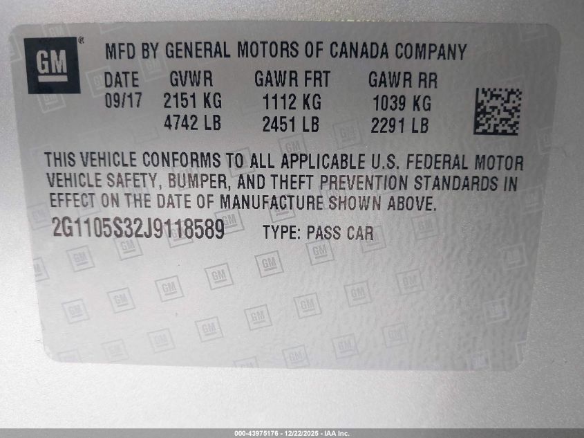 2018 Chevrolet Impala 1Lt VIN: 2G1105S32J9118589 Lot: 43975176