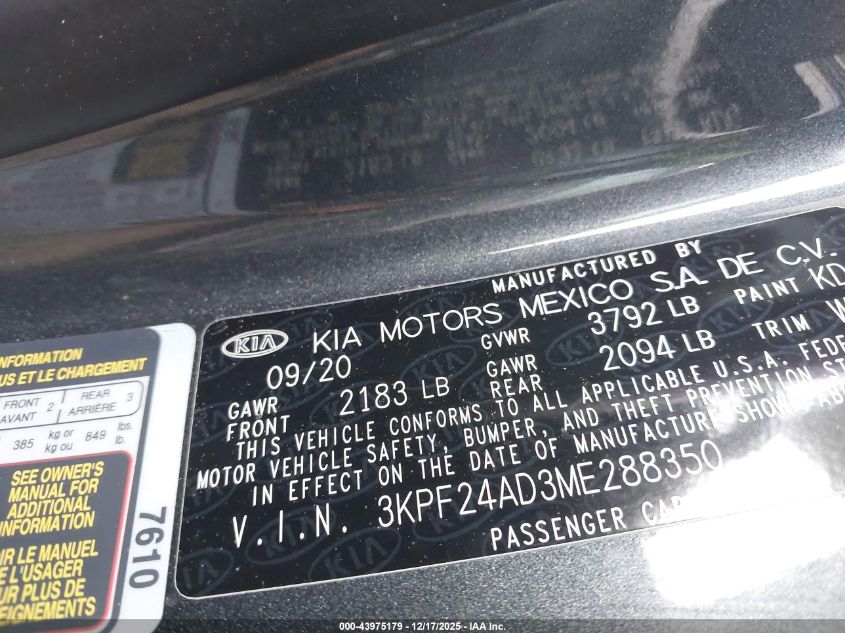 2021 Kia Forte Lxs VIN: 3KPF24AD3ME288350 Lot: 43975179