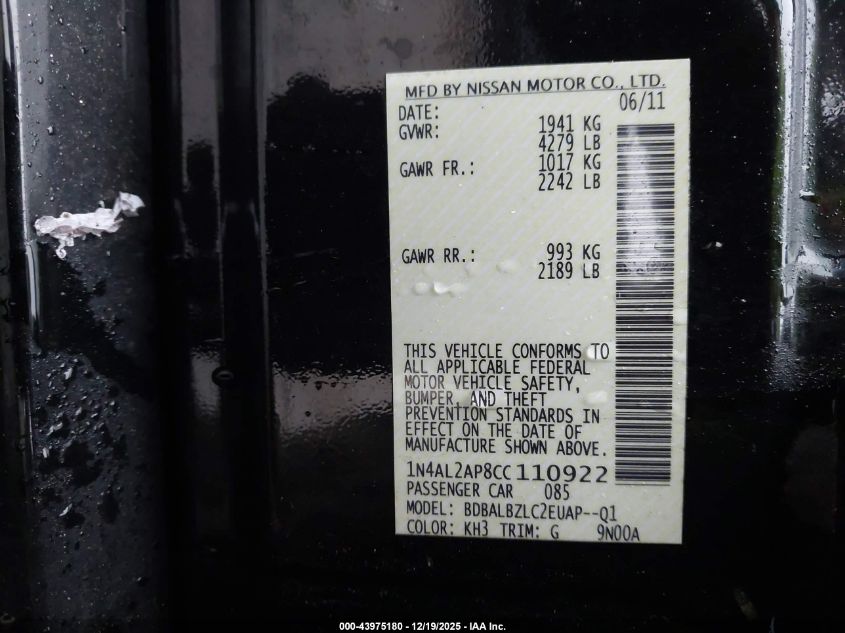 2012 Nissan Altima 2.5 S VIN: 1N4AL2AP8CC110922 Lot: 43975180
