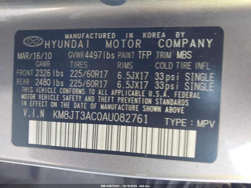 2010 Hyundai Tucson Gls VIN: KM8JT3AC0AU082761 Lot: 43975181