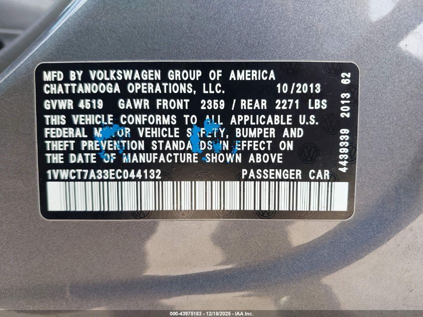 2014 Volkswagen Passat 1.8T Sel Premium VIN: 1VWCT7A33EC044132 Lot: 43975183