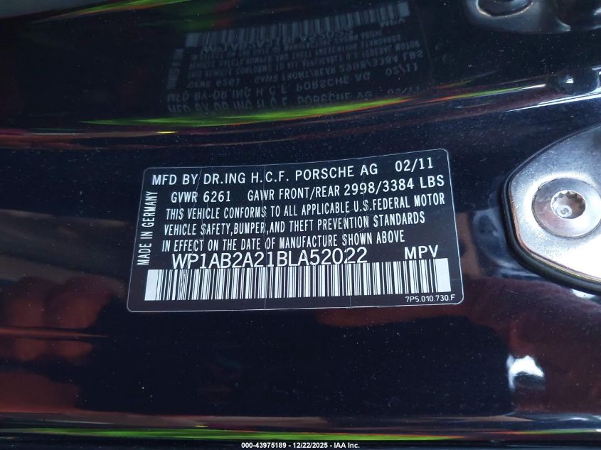 2011 Porsche Cayenne S VIN: WP1AB2A21BLA52022 Lot: 43975189