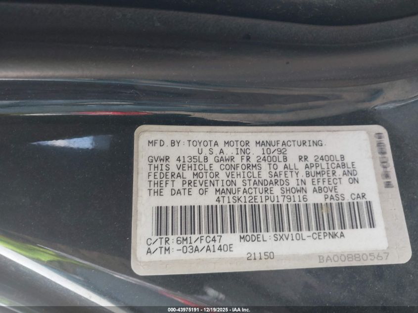 1993 Toyota Camry Le VIN: 4T1SK12E1PU179116 Lot: 43975191