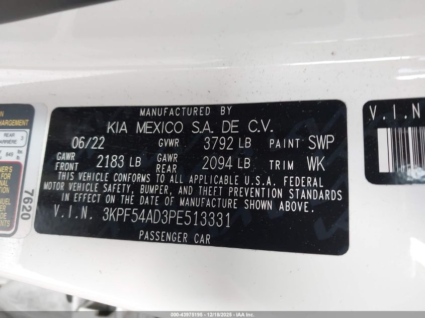 2023 Kia Forte Gt-Line VIN: 3KPF54AD3PE513331 Lot: 43975195