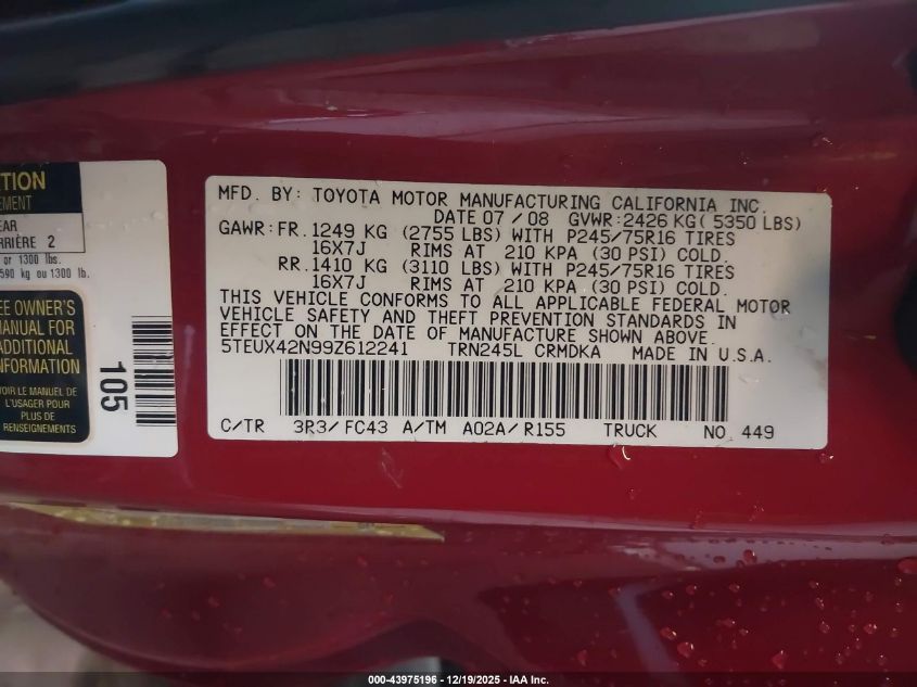 2009 Toyota Tacoma VIN: 5TEUX42N99Z612241 Lot: 43975196