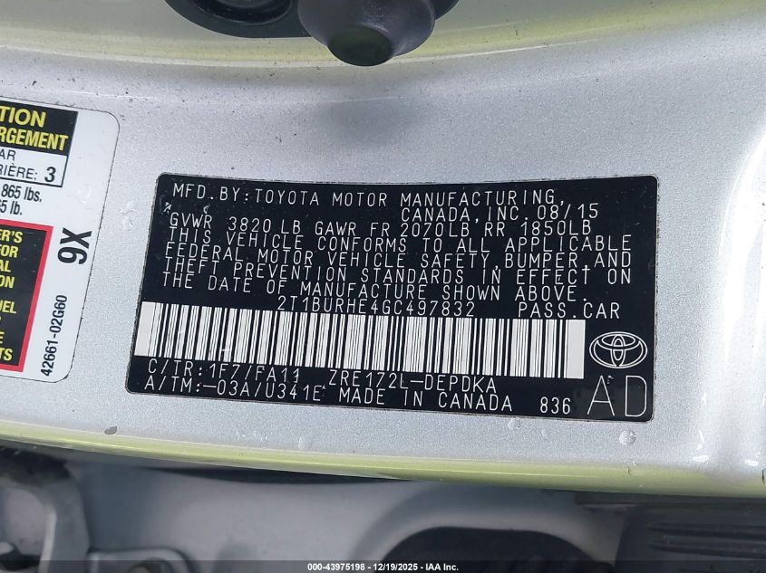 2016 Toyota Corolla L VIN: 2T1BURHE4GC497832 Lot: 43975198