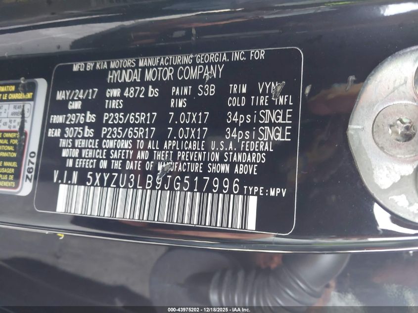 2018 Hyundai Santa Fe Sport 2.4L VIN: 5XYZU3LB9JG517996 Lot: 43975202