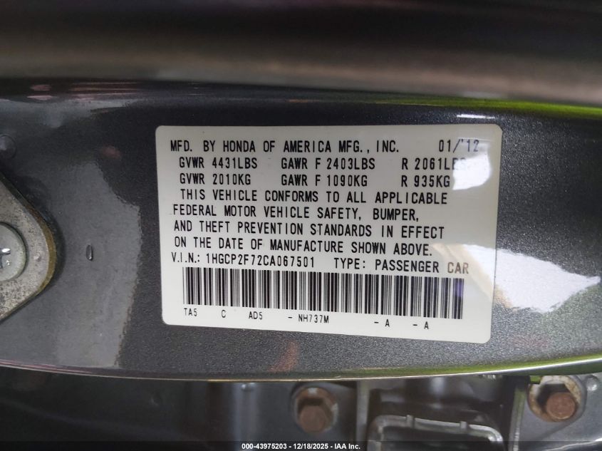 2012 Honda Accord 2.4 Ex VIN: 1HGCP2F72CA067501 Lot: 43975203