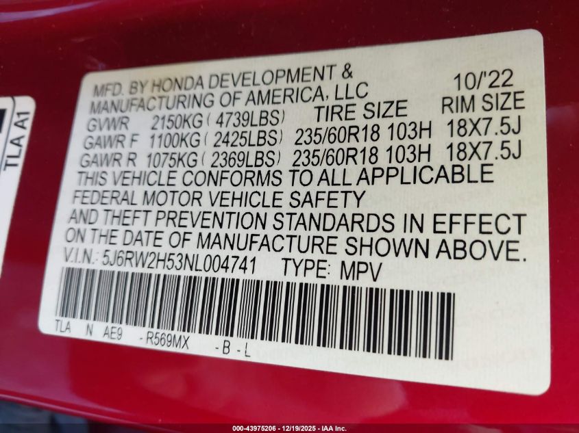 2022 Honda Cr-V Awd Ex VIN: 5J6RW2H53NL004741 Lot: 43975206