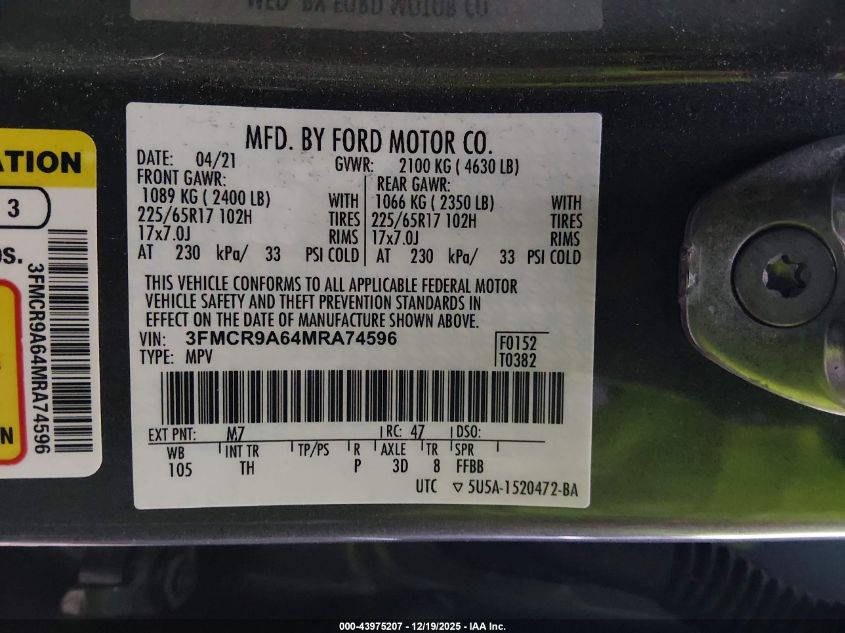 2021 Ford Bronco Sport VIN: 3FMCR9A64MRA74596 Lot: 43975207