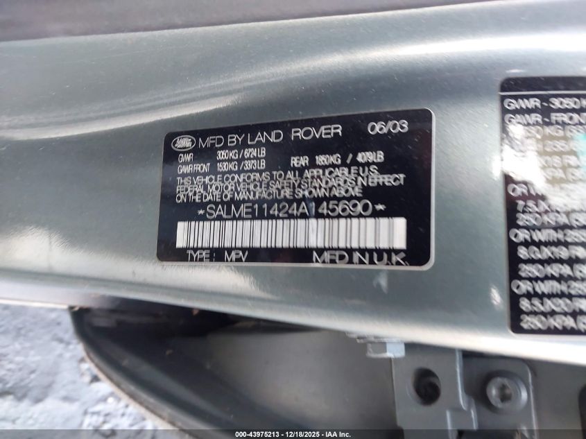 2004 Land Rover Range Rover Hse VIN: SALME11424A145690 Lot: 43975213