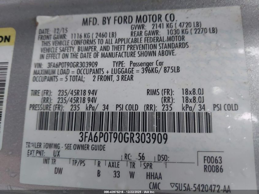 2016 Ford Fusion Se VIN: 3FA6P0T90GR303909 Lot: 43975216