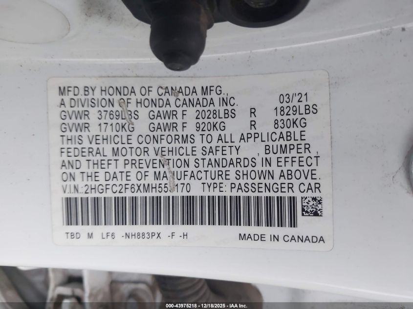 2021 Honda Civic Lx VIN: 2HGFC2F6XMH553170 Lot: 43975218