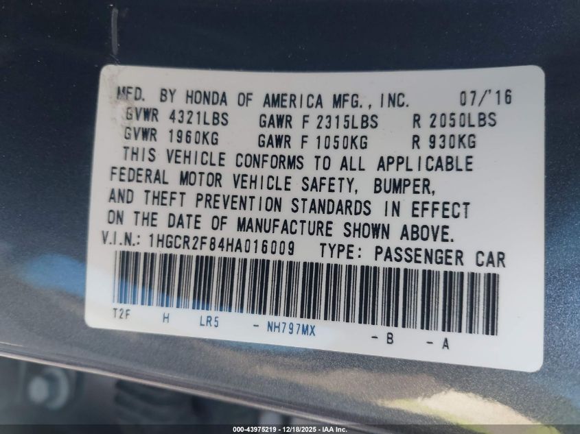 2017 Honda Accord Ex-L VIN: 1HGCR2F84HA016009 Lot: 43975219