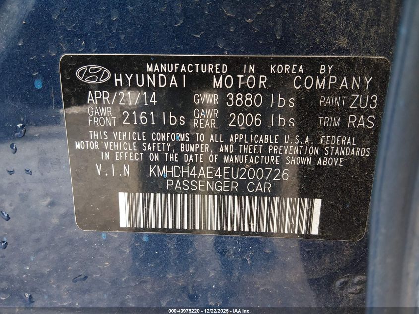 2014 Hyundai Elantra Se VIN: KMHDH4AE4EU200726 Lot: 43975220