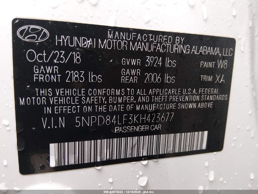 2019 Hyundai Elantra Sel VIN: 5NPD84LF3KH423677 Lot: 43975222