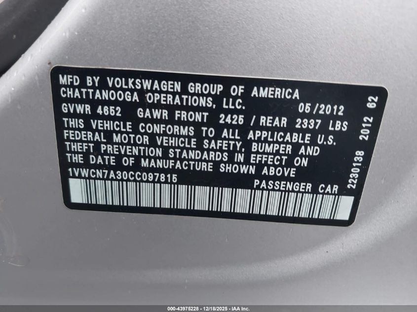 2012 Volkswagen Passat 2.0L Tdi Sel Premium VIN: 1VWCN7A30CC097815 Lot: 43975228