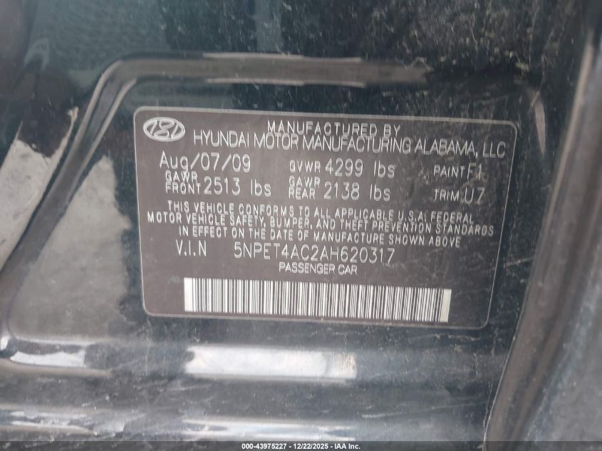 2010 Hyundai Sonata Gls VIN: 5NPET4AC2AH620317 Lot: 43975227