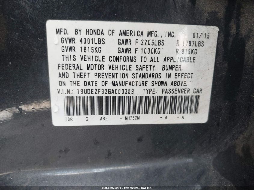 2016 Acura Ilx 2.4L/Acurawatch Plus Package VIN: 19UDE2F32GA000359 Lot: 43975231