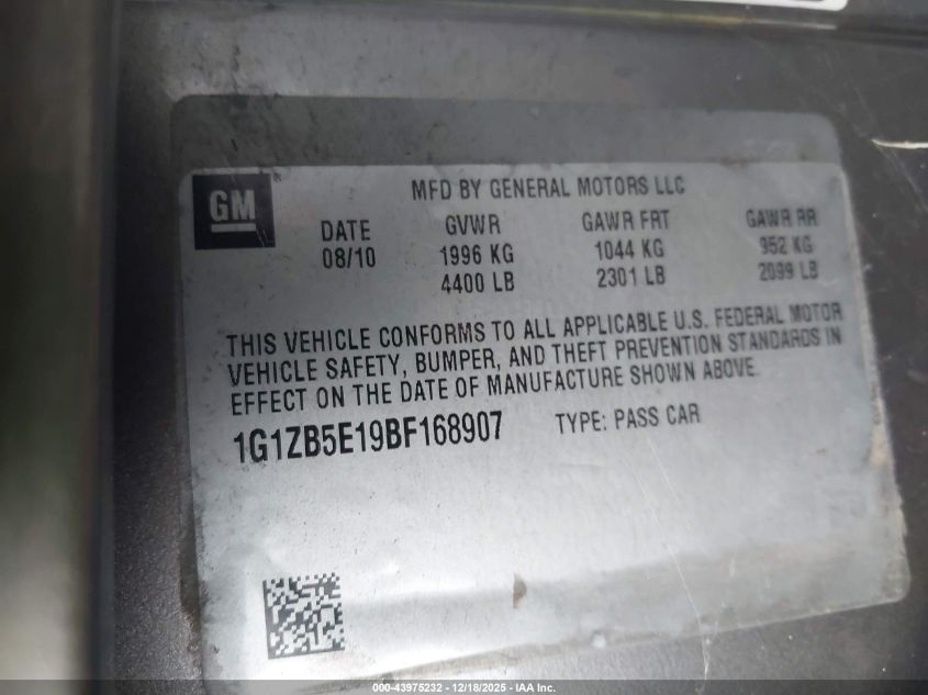 2011 Chevrolet Malibu Ls VIN: 1G1ZB5E19BF168907 Lot: 43975232