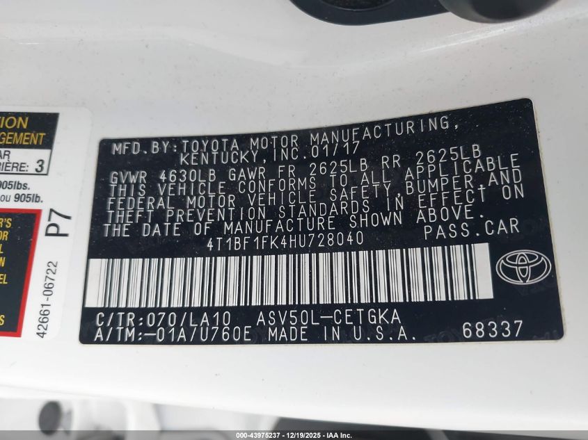 2017 Toyota Camry Xle VIN: 4T1BF1FK4HU728040 Lot: 43975237