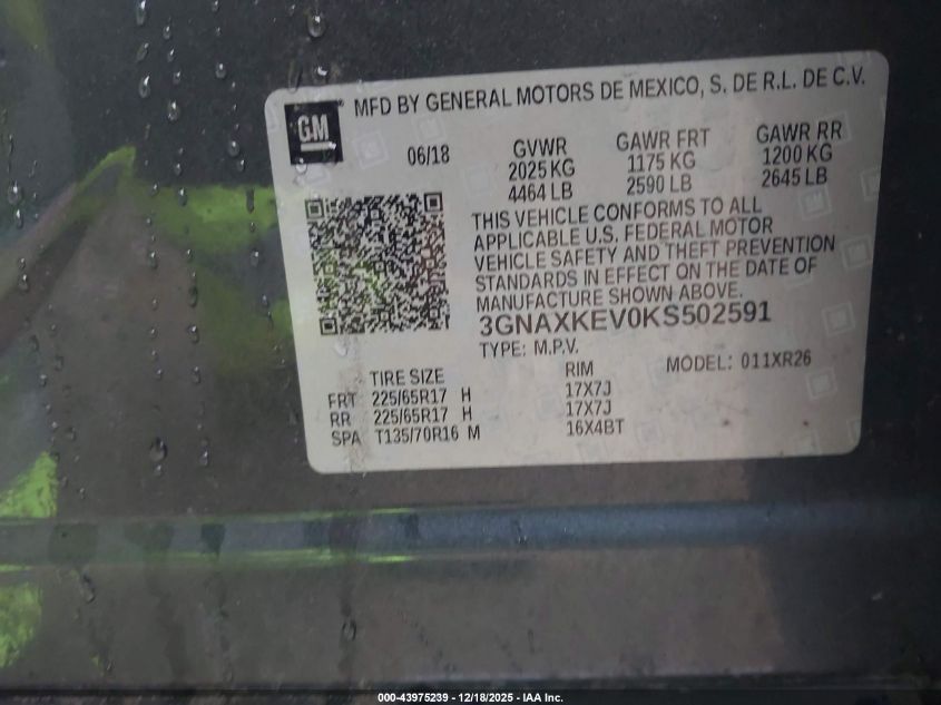 2019 Chevrolet Equinox Lt VIN: 3GNAXKEV0KS502591 Lot: 43975239