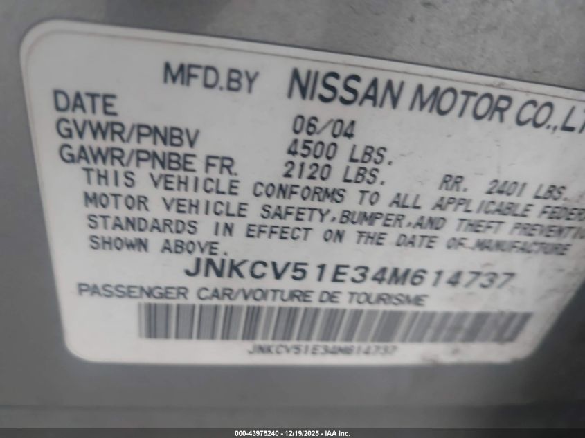 2004 Infiniti G35 VIN: JNKCV51E34M614737 Lot: 43975240