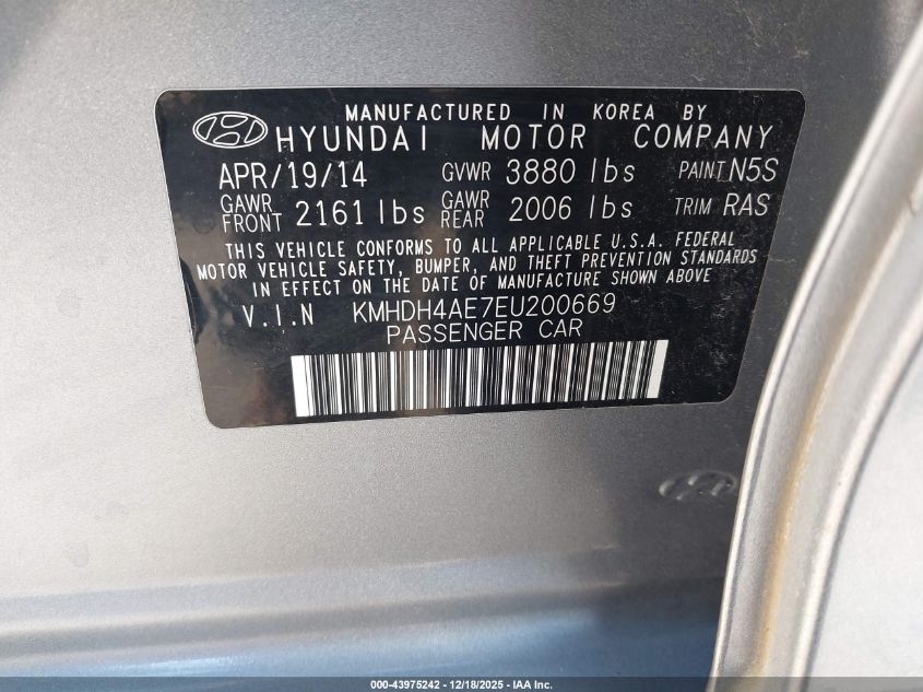 2014 Hyundai Elantra Se VIN: KMHDH4AE7EU200669 Lot: 43975242