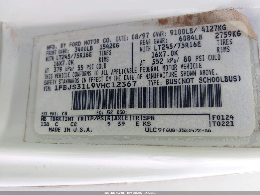 1997 Ford Club Wagon Xl/Xlt VIN: 1FBJS31L9VHC12367 Lot: 43975243