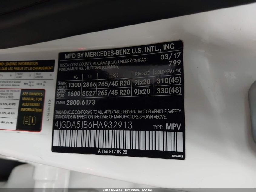 2017 Mercedes-Benz Gle 350 VIN: 4JGDA5JB6HA932913 Lot: 43975244