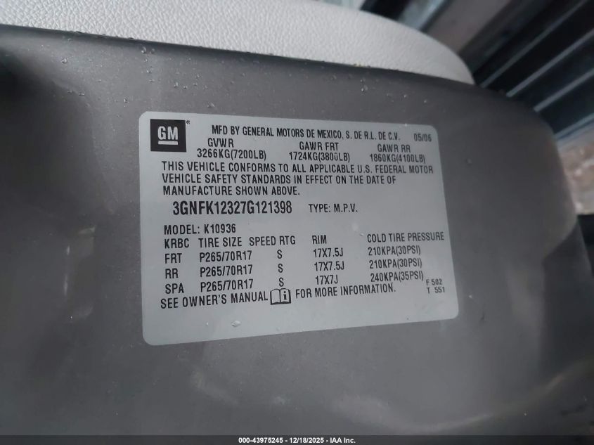 2007 Chevrolet Avalanche 1500 Lt VIN: 3GNFK12327G121398 Lot: 43975245