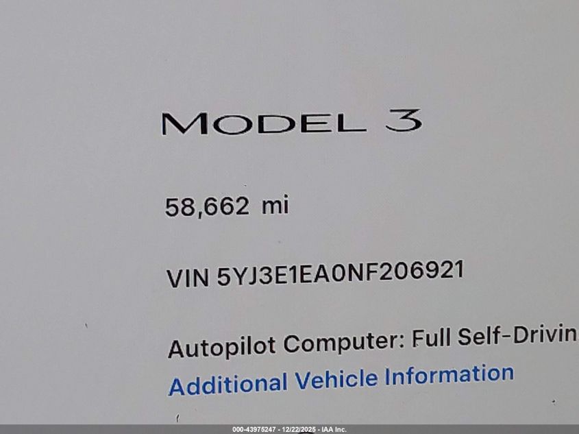 2022 Tesla Model 3 Rear-Wheel Drive VIN: 5YJ3E1EA0NF206921 Lot: 43975247