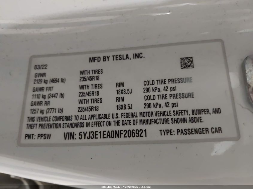2022 Tesla Model 3 Rear-Wheel Drive VIN: 5YJ3E1EA0NF206921 Lot: 43975247
