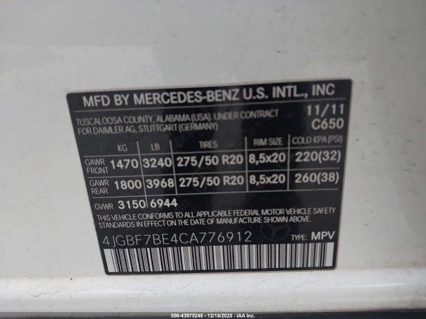 2012 Mercedes-Benz Gl 450 4Matic VIN: 4JGBF7BE4CA776912 Lot: 43975248