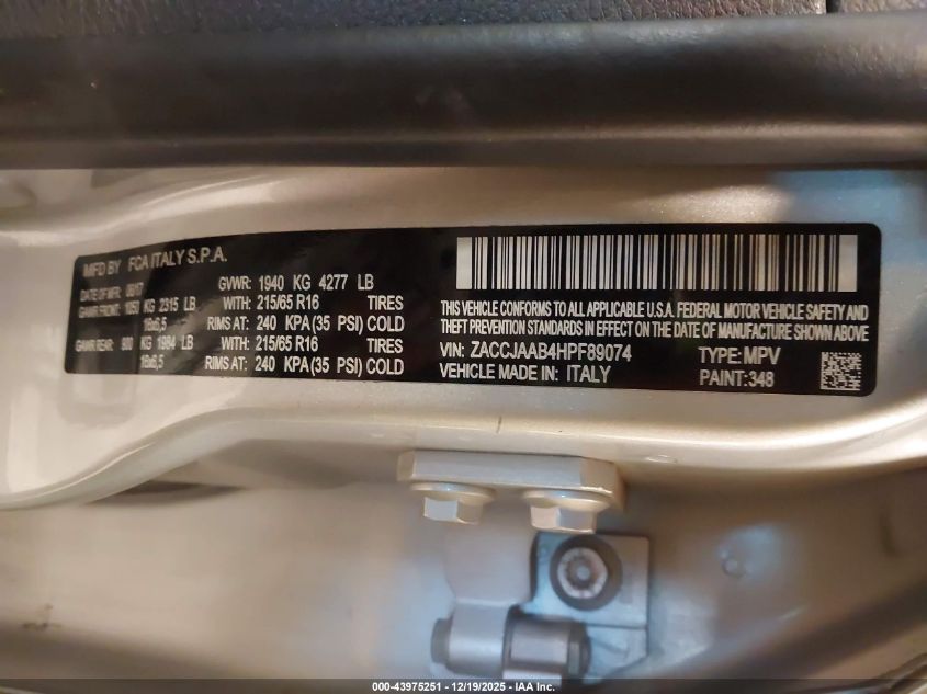 2017 Jeep Renegade Sport Fwd VIN: ZACCJAAB4HPF89074 Lot: 43975251