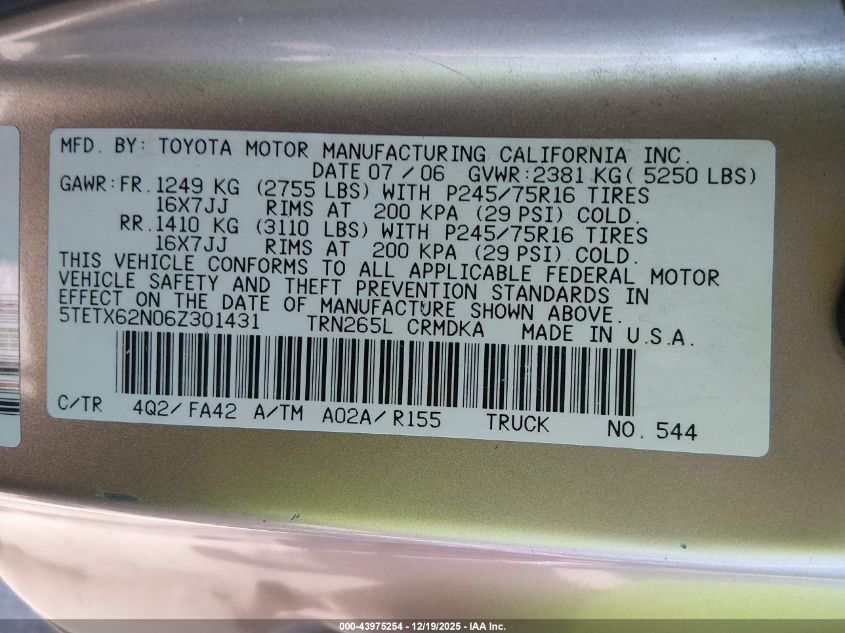 2006 Toyota Tacoma Prerunner VIN: 5TETX62N06Z201431 Lot: 43975254