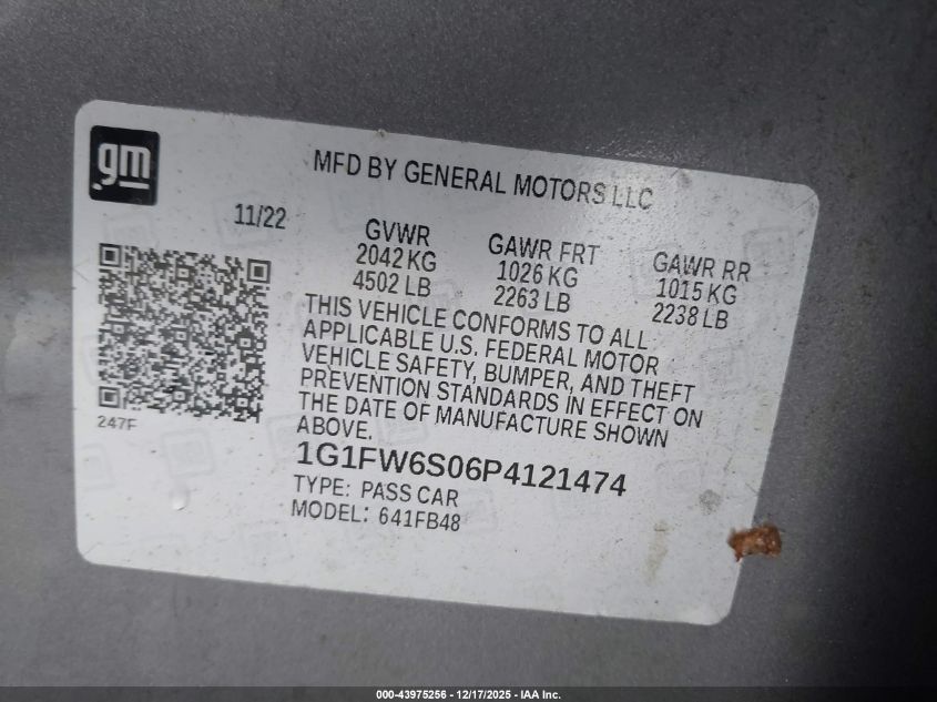2023 Chevrolet Bolt Ev Fwd 1Lt VIN: 1G1FW6S06P4121474 Lot: 43975256