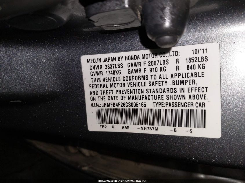 2012 Honda Civic Hybrid VIN: JHMFB4F26CS005165 Lot: 43975258