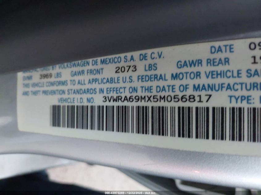 2005 Volkswagen Jetta Gl VIN: 3VWRA69MX5M056817 Lot: 43975259