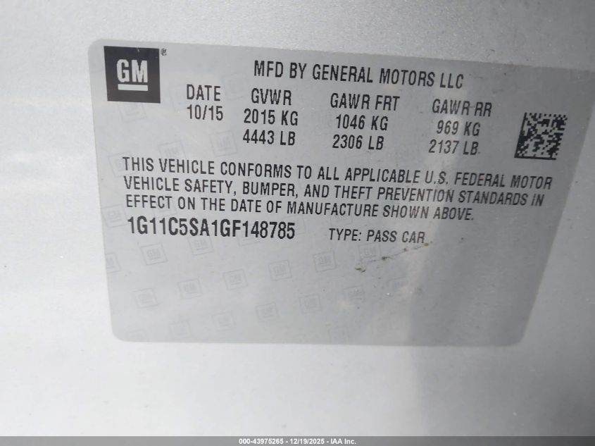 2016 Chevrolet Malibu Limited Lt VIN: 1G11C5SA1GF148785 Lot: 43975265