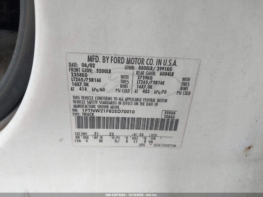 2002 Ford F-250 Lariat/Xl/Xlt VIN: 1FTNW21F82ED70010 Lot: 43975264