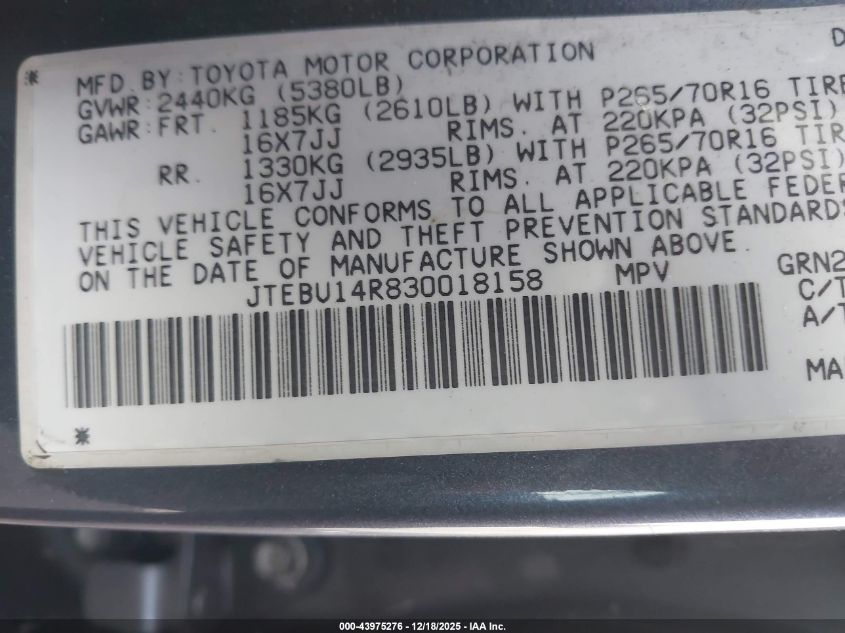 2003 Toyota 4Runner Sr5 V6 VIN: JTEBU14R830018158 Lot: 43975276