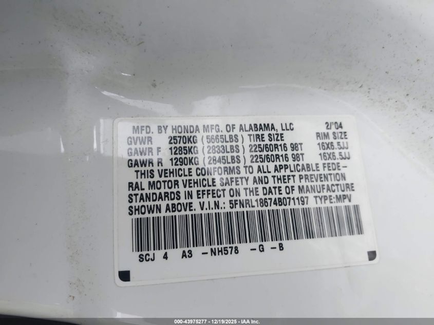 2004 Honda Odyssey Ex VIN: 5FNRL18674B071197 Lot: 43975277