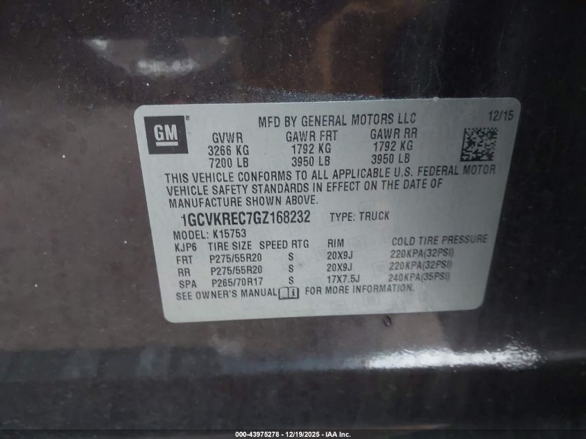 2016 Chevrolet Silverado 1500 2Lt VIN: 1GCVKREC7GZ168232 Lot: 43975278